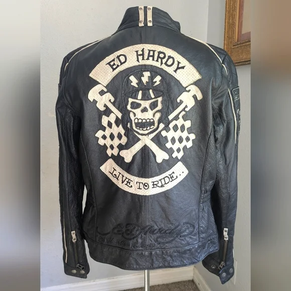 Vintage Ed Hardy Leather Skull Live To Ride Motorcycle Jacket - Picture 2 of 16